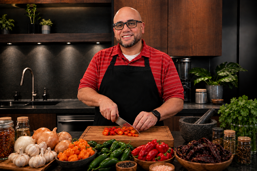 Eli Perez, founder of Bad Decision Hot Sauce, chopping fresh chillies in the kitchen with garlic, habaneros, jalapenos, dried peppers and coriander laid out on the counter