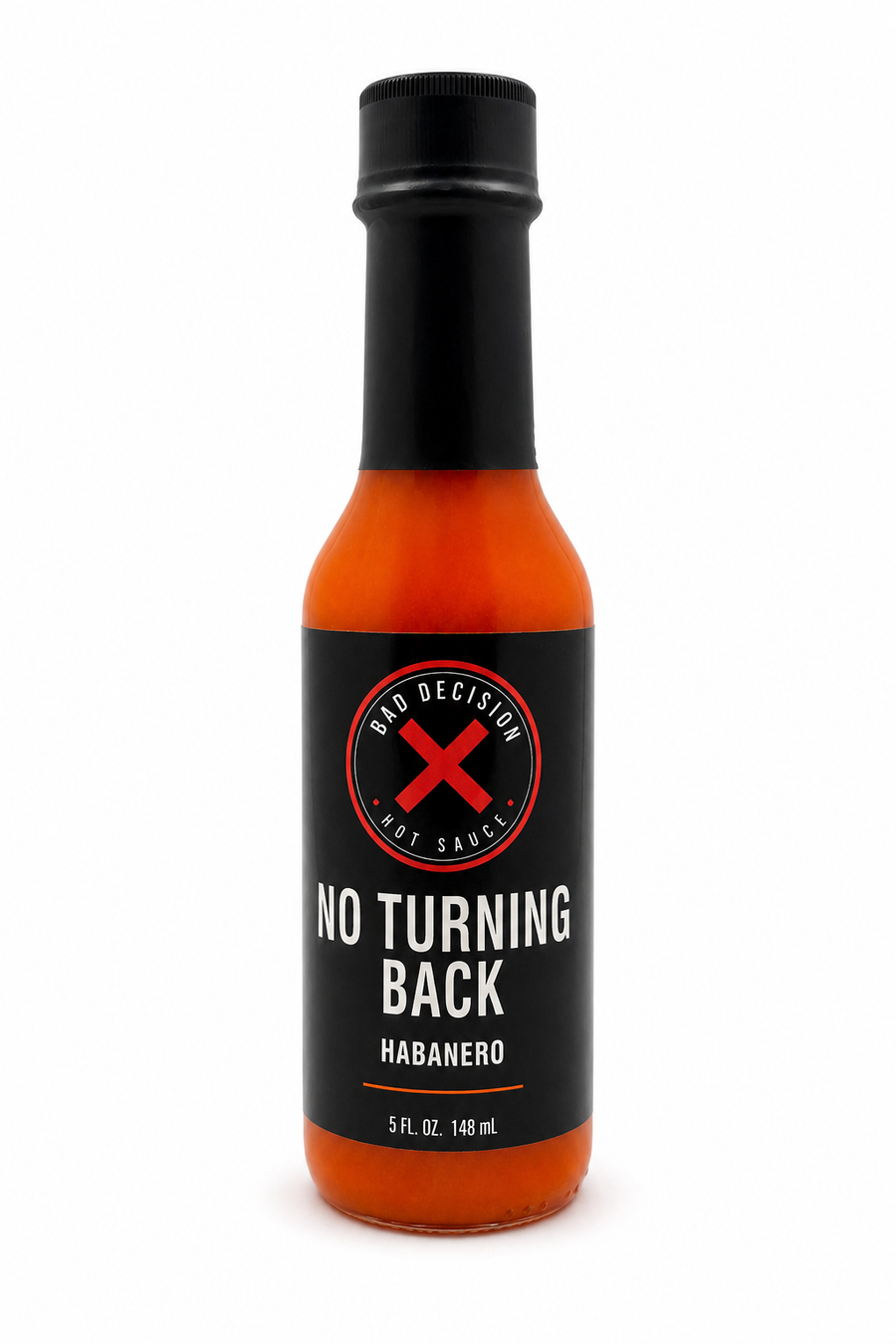 No Turning Back habanero hot sauce 5 oz bottle on a white background