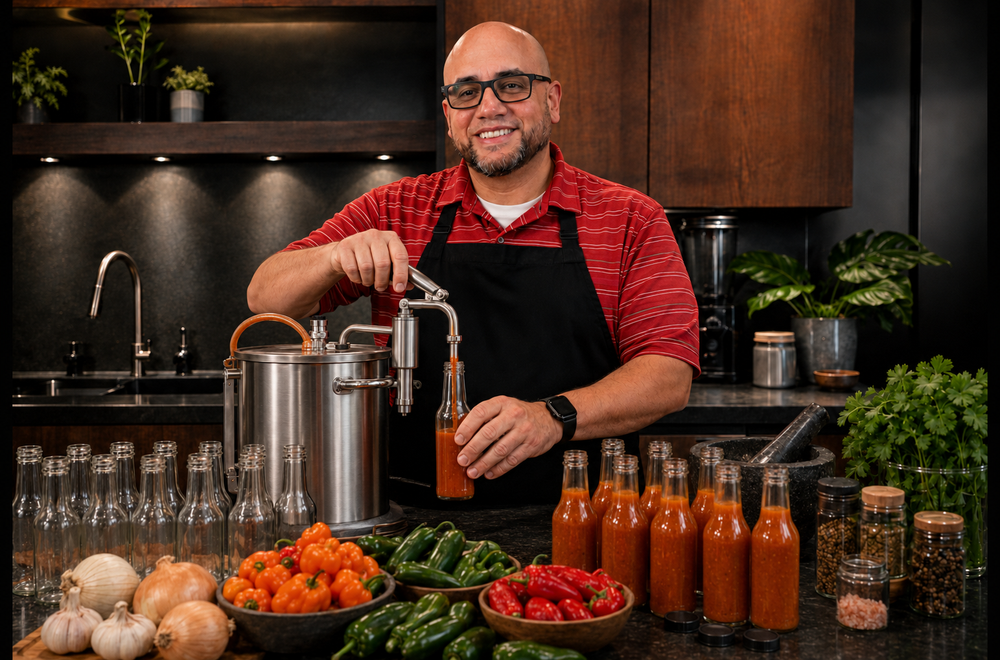 Eli Perez, founder of Bad Decision Hot Sauce, with the five bottles in Royal Palm Beach, Florida