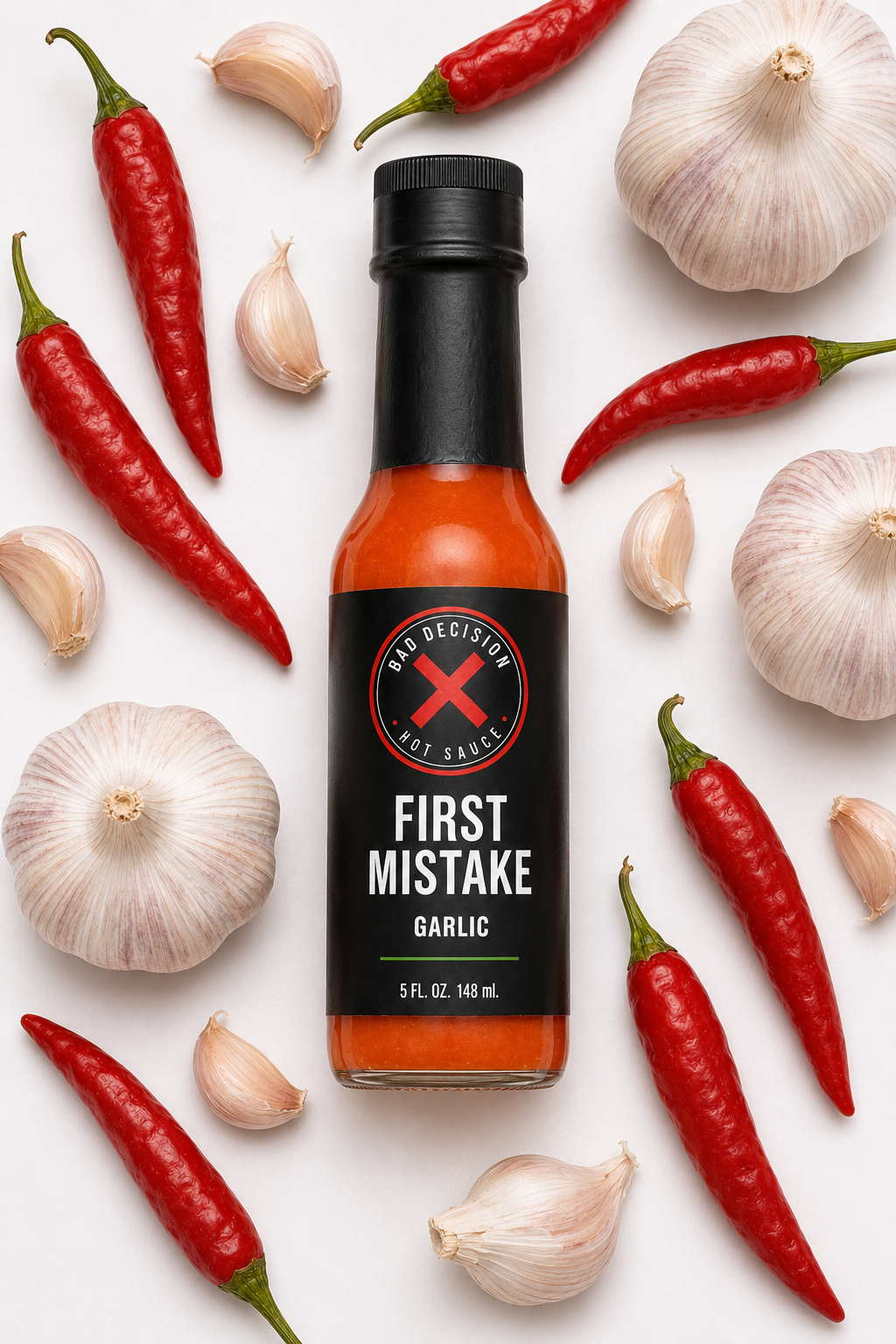 First Mistake garlic hot sauce bottle lying among garlic bulbs on a white background