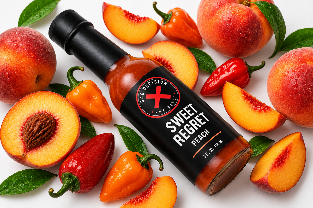 Sweet Regret peach hot sauce with fresh peaches