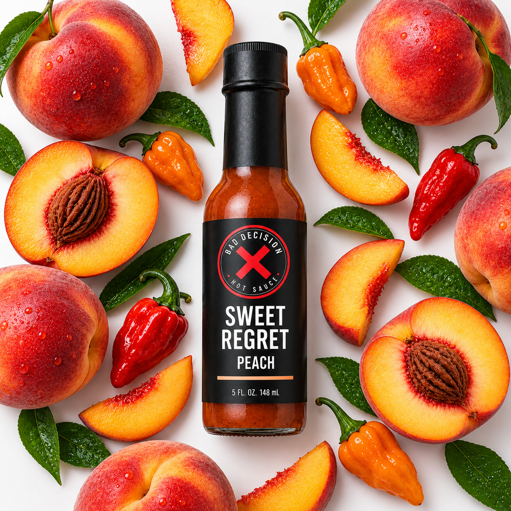 Sweet Regret peach hot sauce with fresh peaches