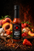 Sweet Regret peach hot sauce, 5 FL OZ bottle, with fresh peaches