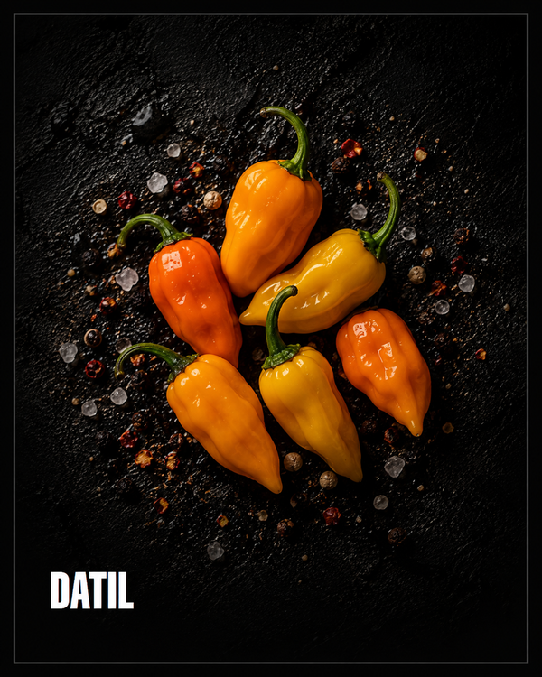 Six yellow and orange datil peppers with green stems on dark stone with scattered chilli flakes and salt