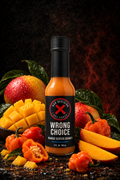 Wrong Choice mango Scotch bonnet hot sauce, 5 FL OZ bottle, with mango and Scotch bonnet peppers