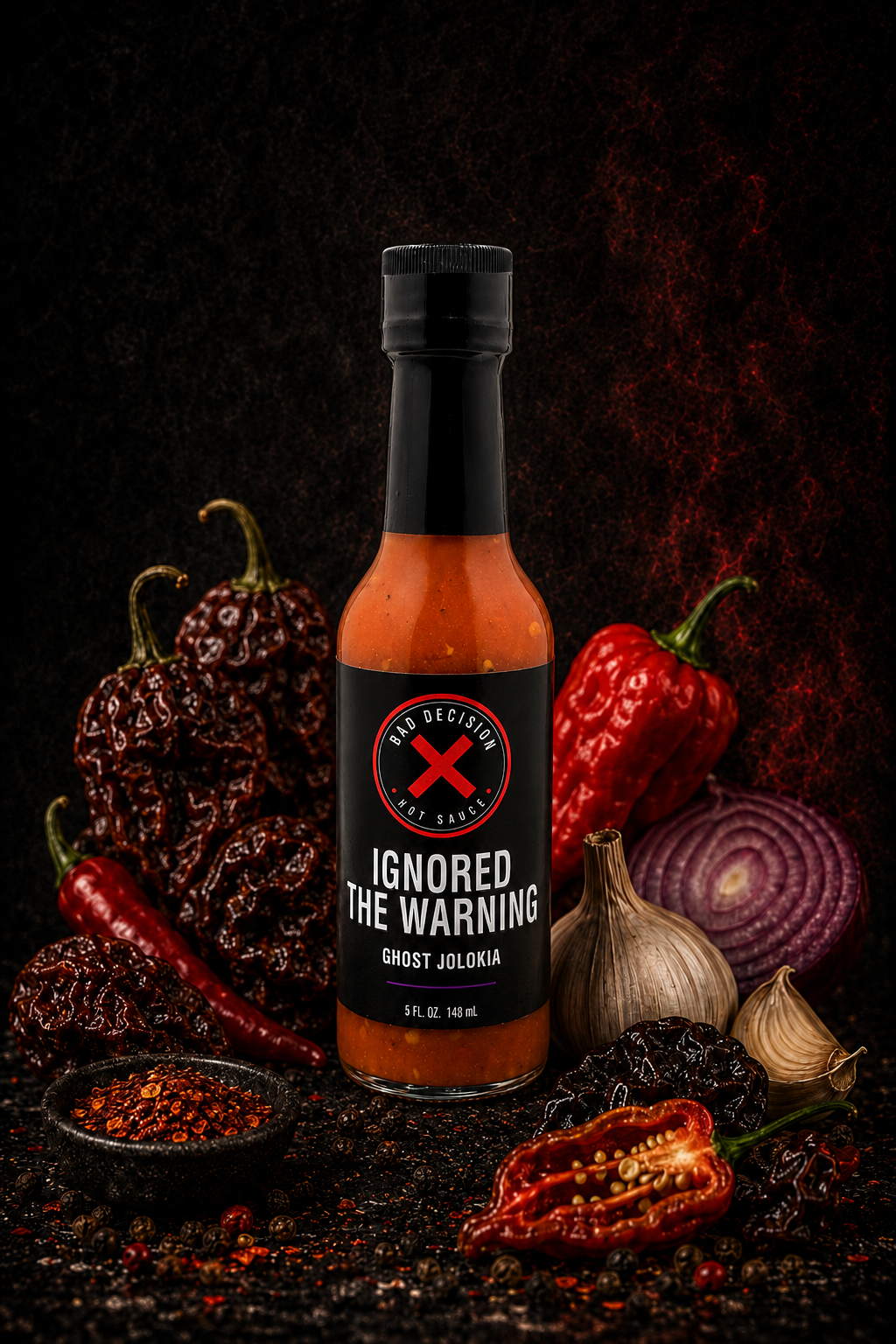 Ignored The Warning ghost jolokia hot sauce bottle with ghost peppers and ingredients on a dark background