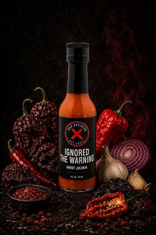 Ignored The Warning ghost jolokia hot sauce bottle with ghost peppers and ingredients on a dark background