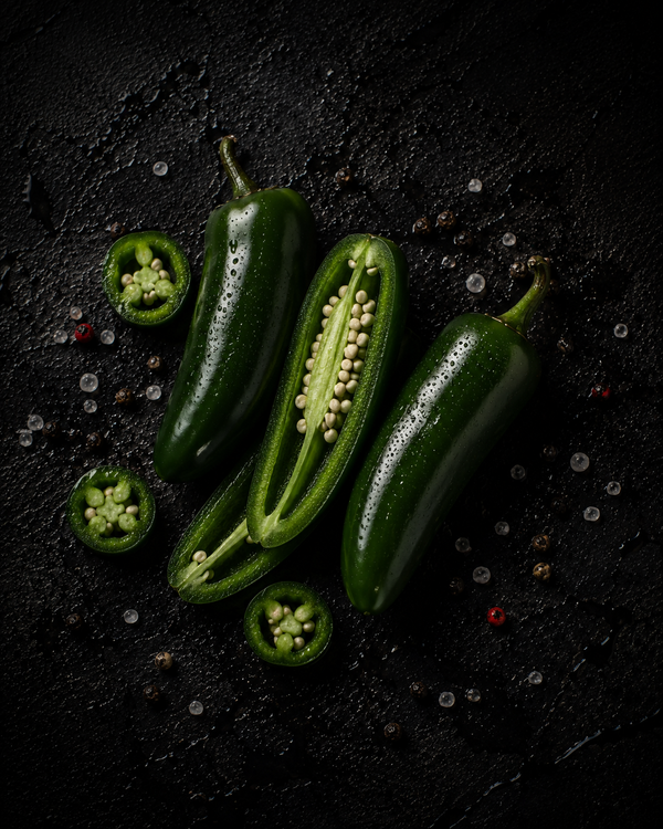 Fresh green jalapenos, whole, halved and sliced, on dark stone with scattered peppercorns and salt
