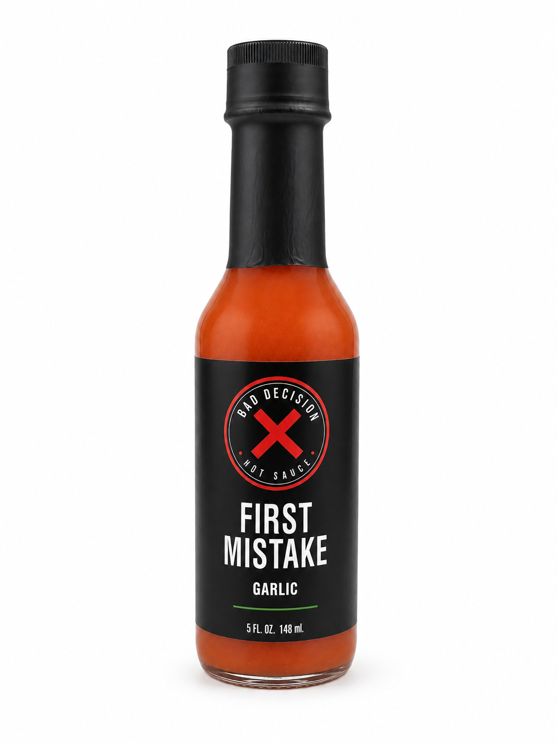 First Mistake garlic hot sauce 5 oz bottle on a white background