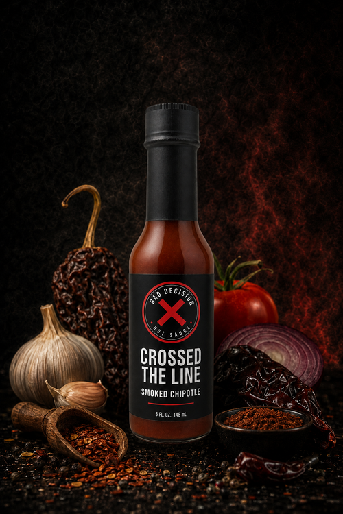 Crossed The Line smoked chipotle hot sauce bottle with dried chipotle peppers on a dark background