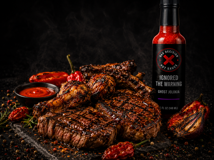 Grilled steak and chops with charred peppers, beside a bottle of Ignored The Warning ghost jolokia hot sauce