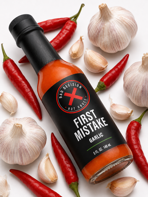 Close-up of First Mistake garlic hot sauce bottle among garlic bulbs