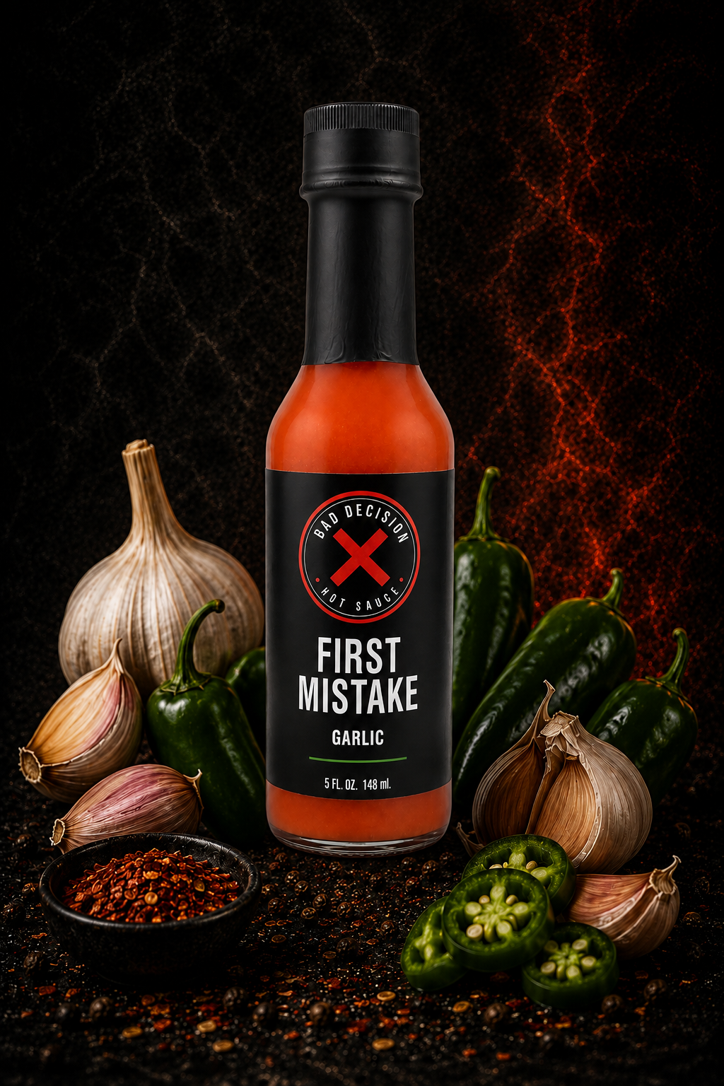 First Mistake garlic hot sauce bottle with garlic bulbs and ingredients on a dark background