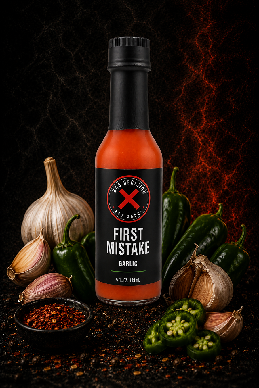 First Mistake garlic hot sauce bottle with garlic bulbs and ingredients on a dark background