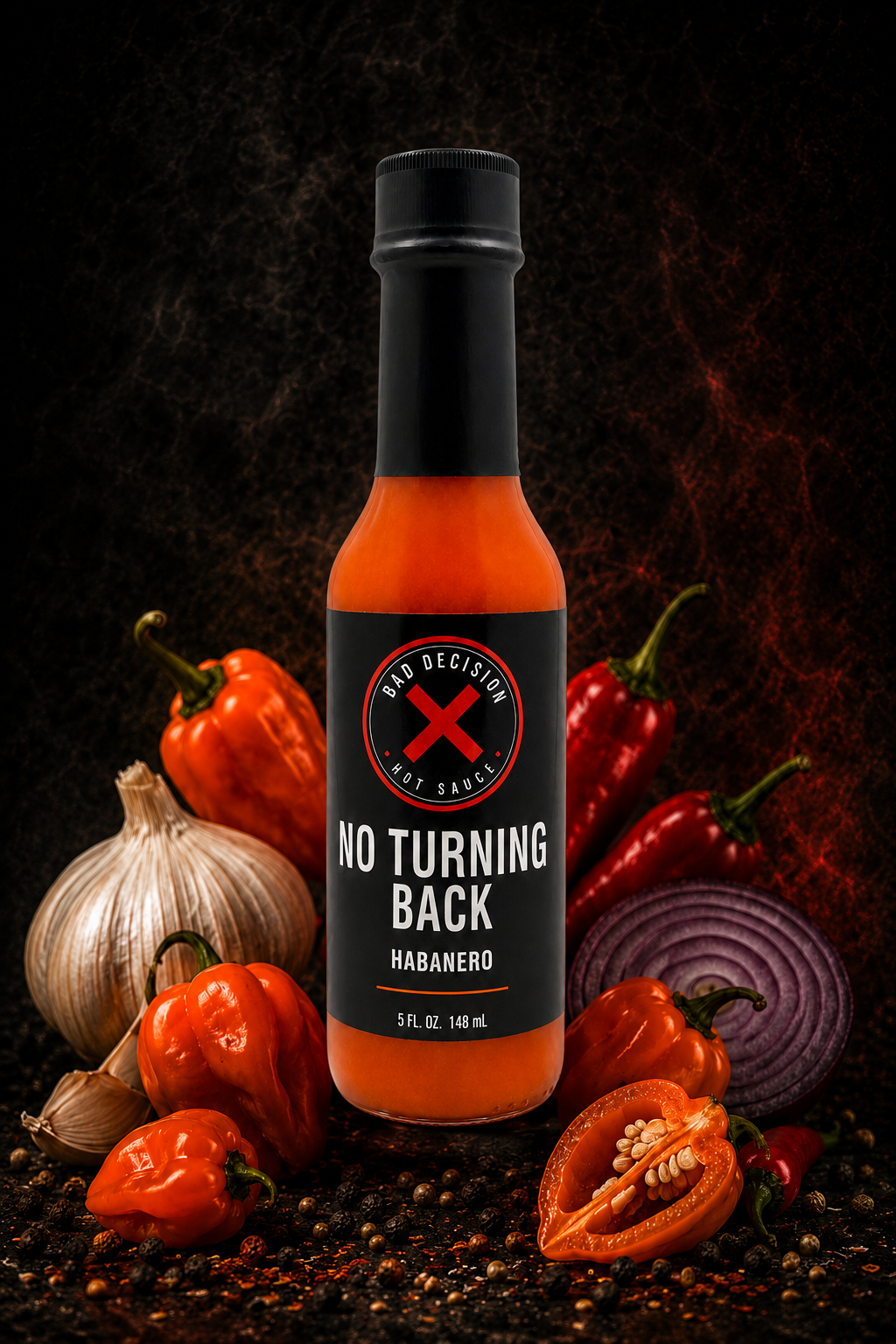 No Turning Back habanero hot sauce bottle with fresh habaneros and ingredients on a dark background