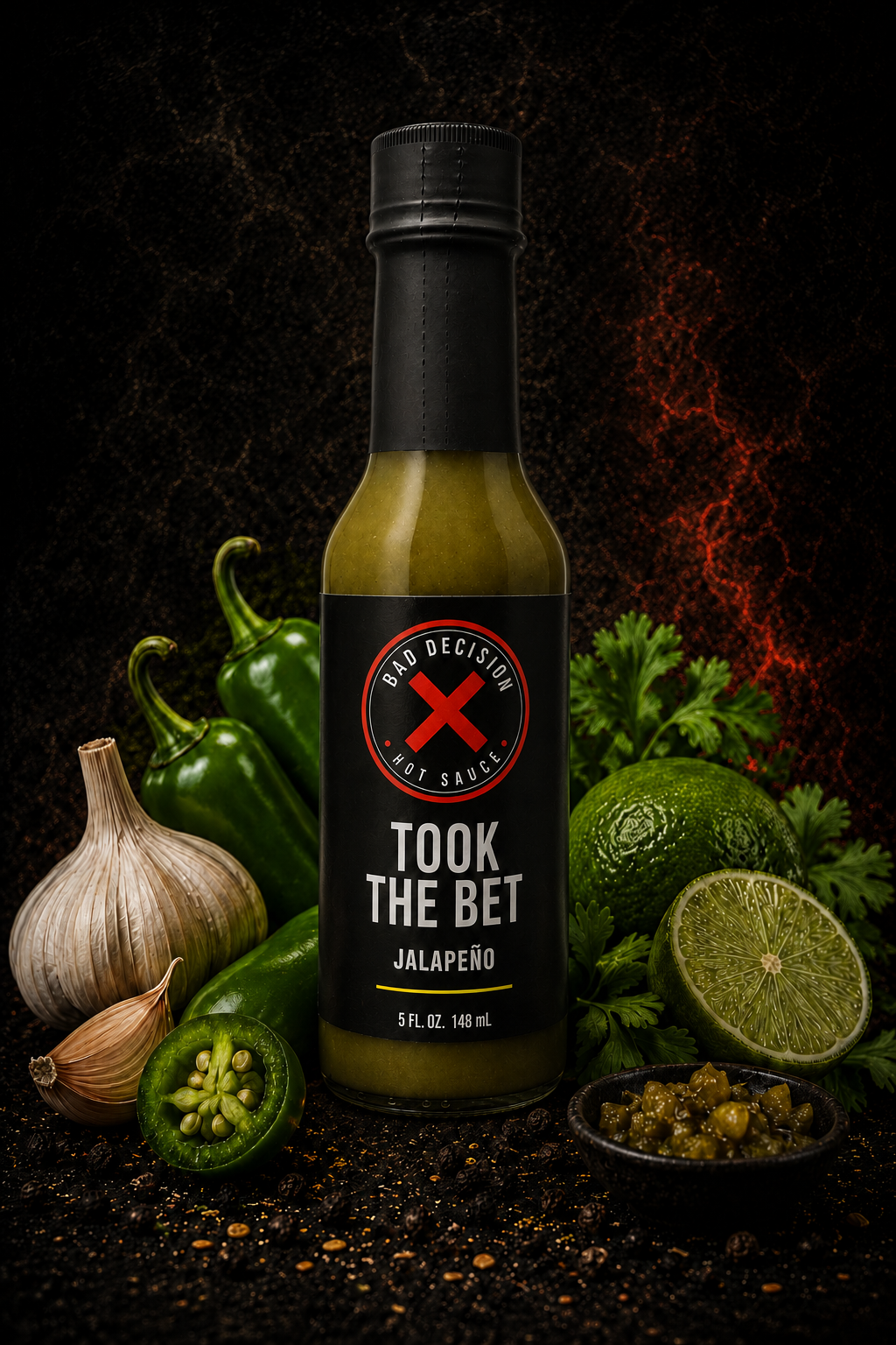 Took The Bet jalapeño hot sauce bottle with fresh jalapeños, garlic, lime and cilantro on a dark background